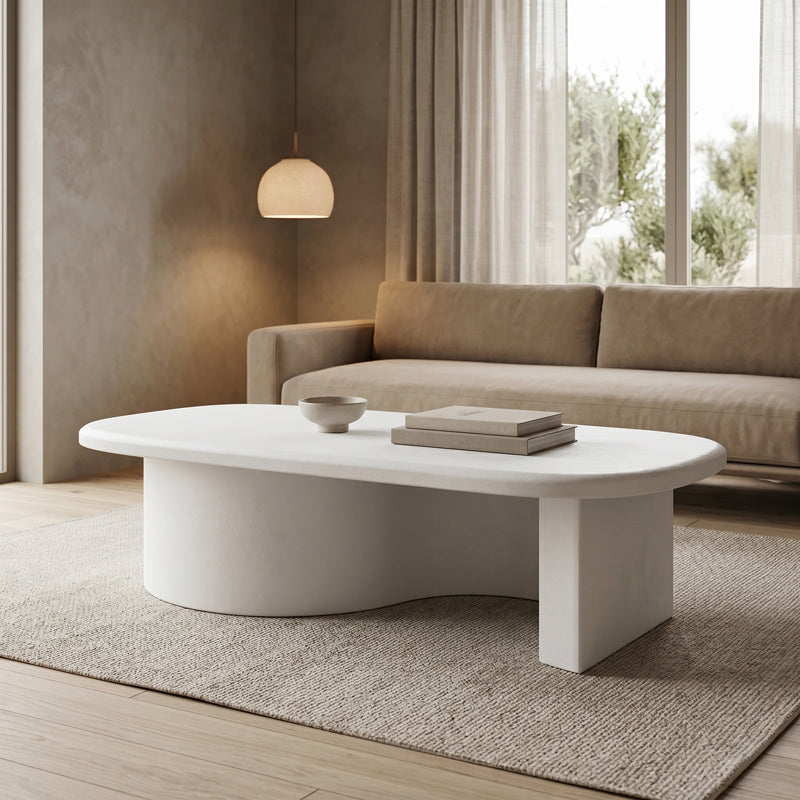 Модерна, естетска и уникатна правоаголна ниска клупска маса Coffee Table Sapele со мазна горна површина во чиста бела боја и стабилна паметна архитектура