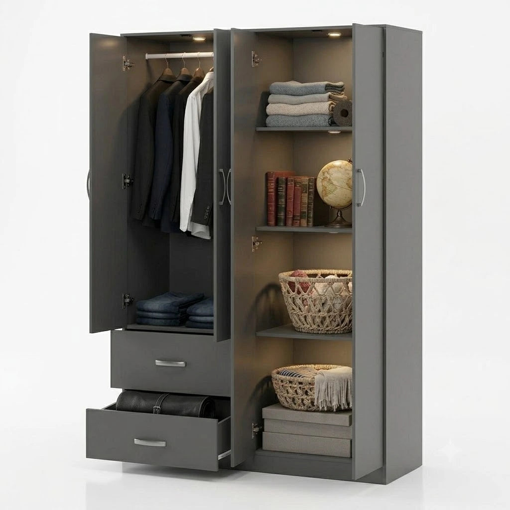 FOUR-DOOR MODERN WARDROBE BARI WITH MULTIPLE SHELVES AND HANGING RAIL - ANTRACIT (120 x 180 CM)